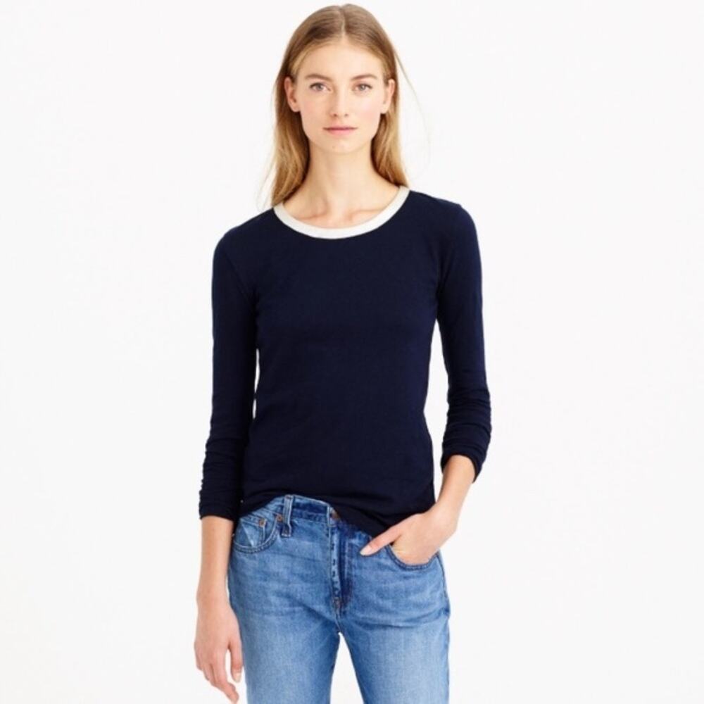 J. Crew Shimmery Leather Trim Collar Blue Painter T-Shirt Medium